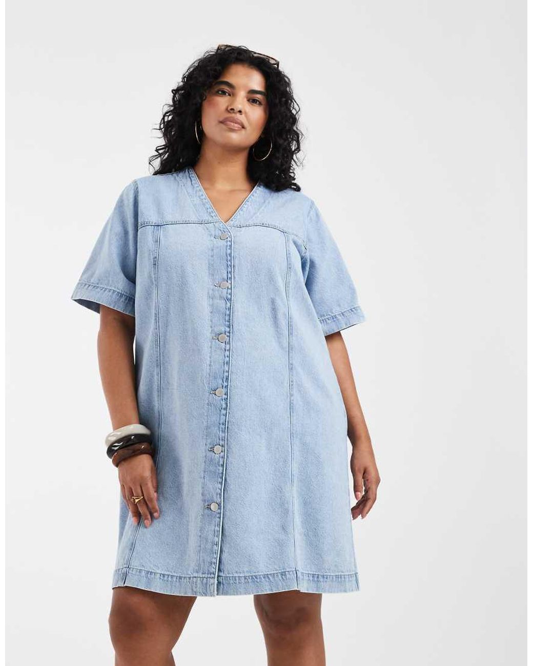 Vero Moda Blue Short Sleeve Button Front Denim Mini Dress