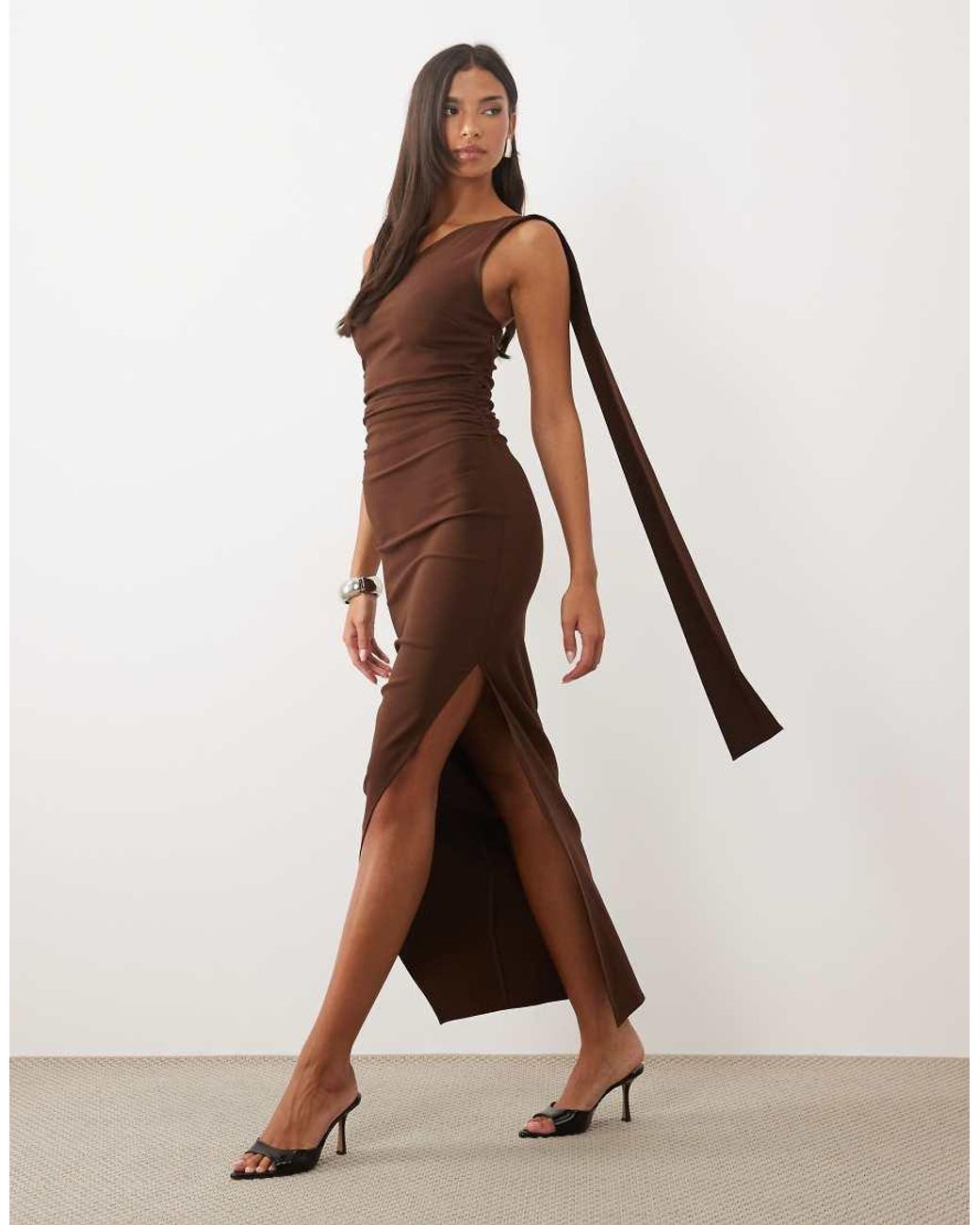 TFNC London Natural Bengaline One Shoulder Draped Maxi Dress