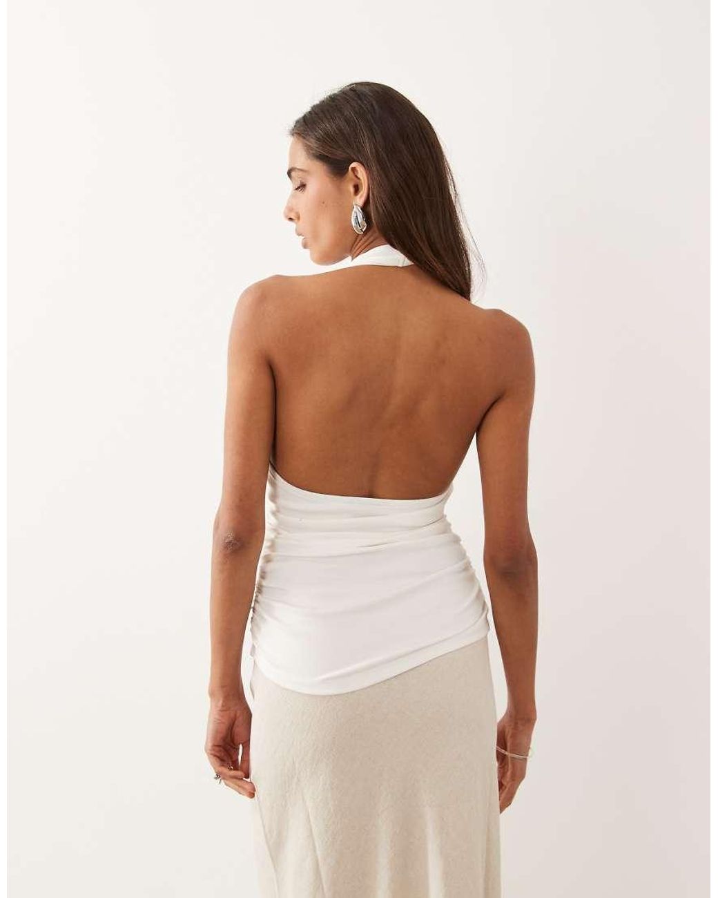 ASOS White Compact Cotton Ruched Halter Neck Top With Bead Detail