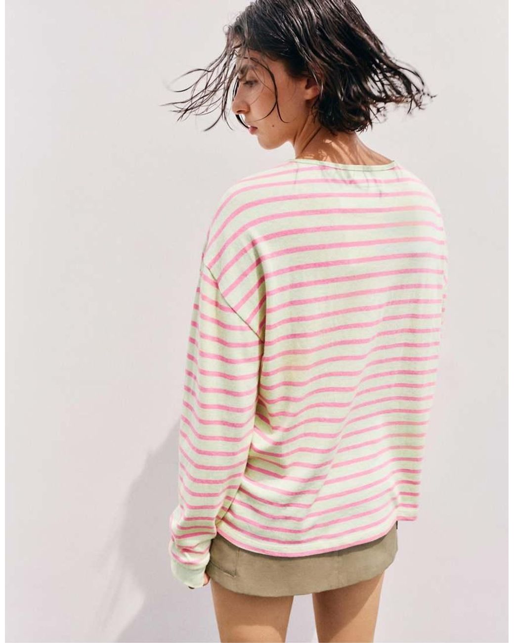 Pull&Bear Natural Oversize Long Sleeve Striped T-Shirt