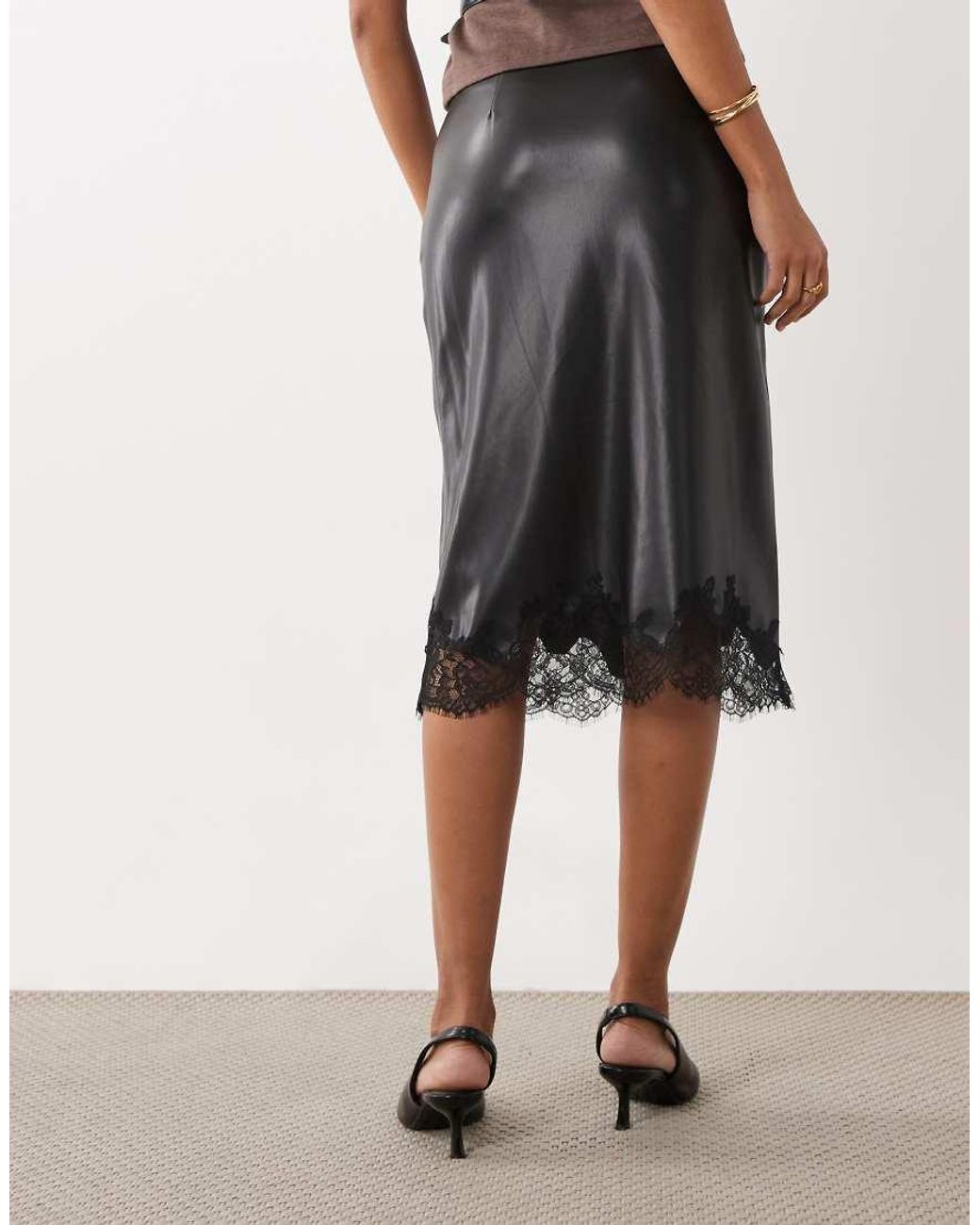 Mango Black Faux Soft Leather Midi Skirt With Lace Trim