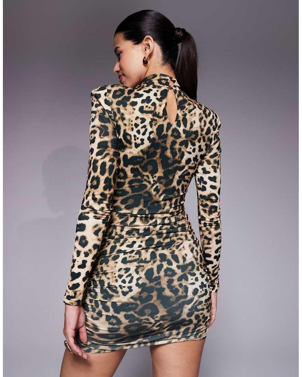 Ruched & Ready Gray Eyes On You Removable Shoulder Pad Detail High Neck Long Sleeve Sculpting Mini Dress