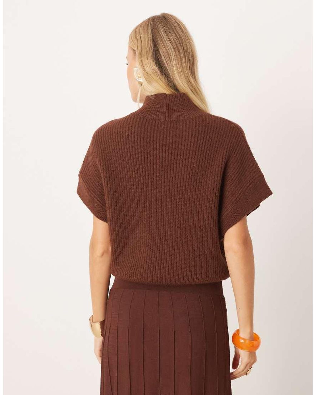 Mango Brown High Neck Short Sleeve Knitted Co-ord Top