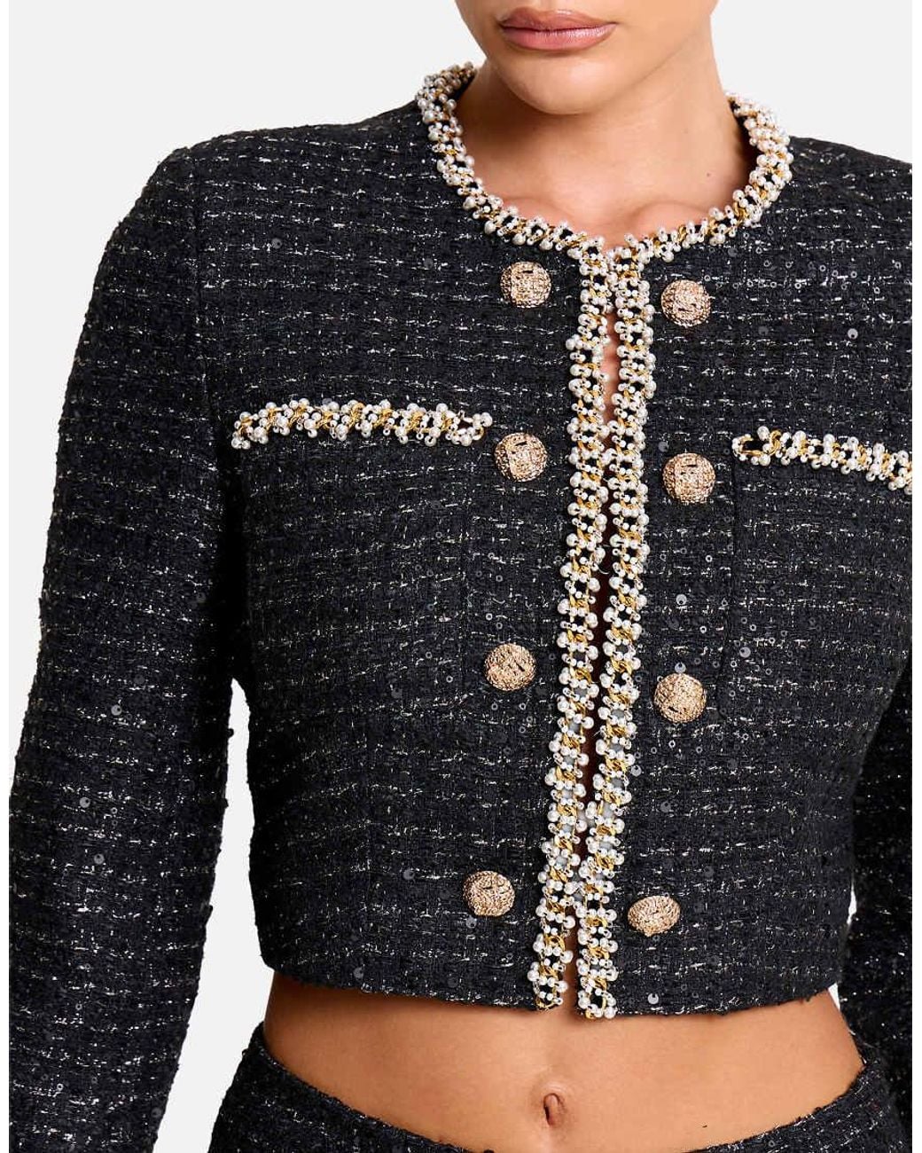 Public Desire Black Cropped Long Sleeve Boucle Button Detail Blazer