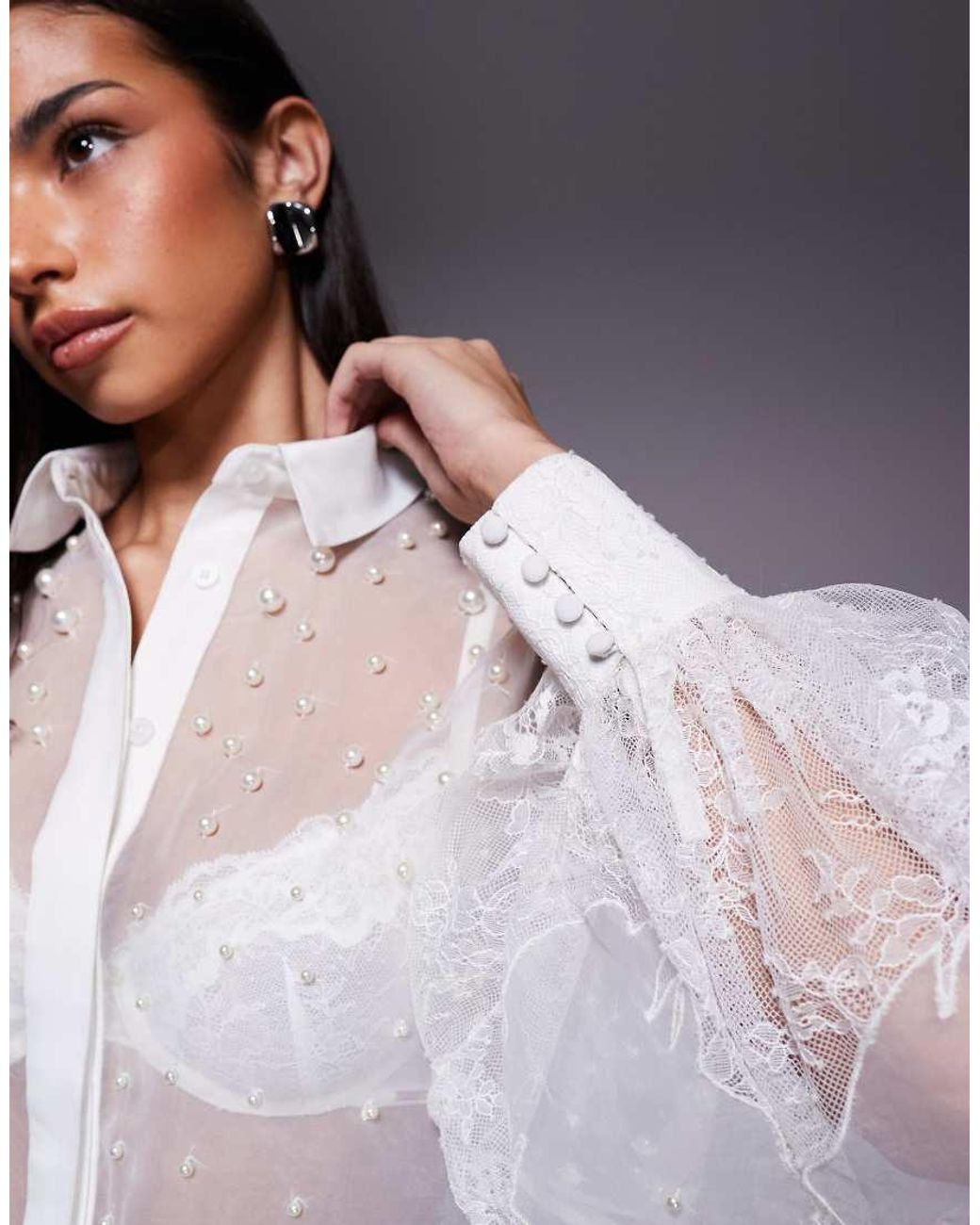 ASOS Gray Organza And Lace Mix Pearl Embellished Shirt
