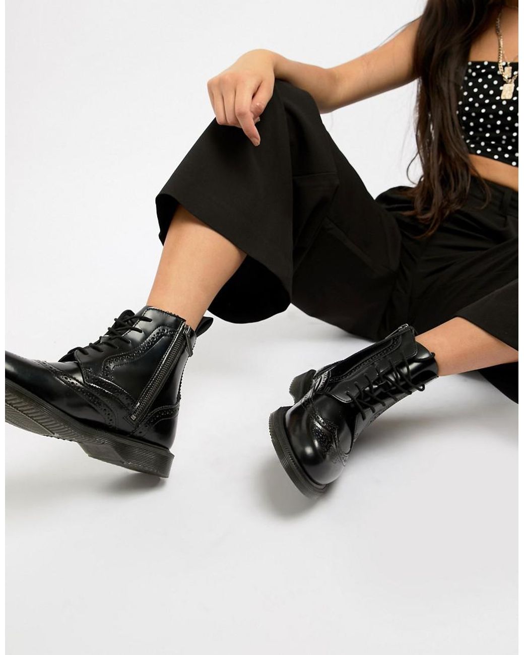 Dr. Martens Delphine Brogue Leather Lace Up Flat Ankle Boots in Black |  Lyst Australia