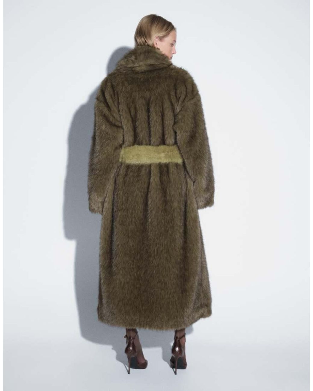 Muse Assembly Natural Longline Faux Fur Jacket With Detachable Mittens And Tie Waist