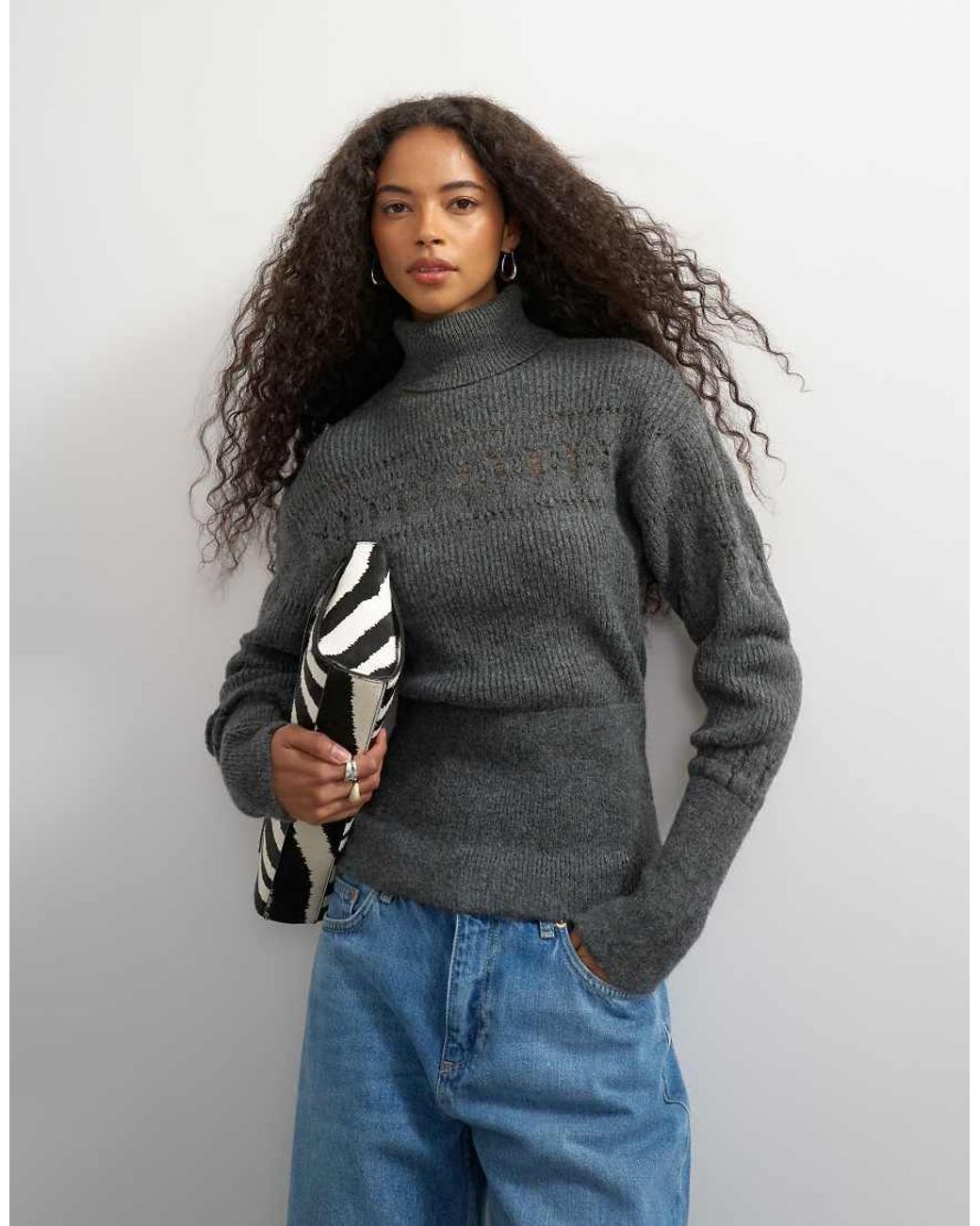 TOPSHOP Black Knitted Stitchy High Neck Jumper