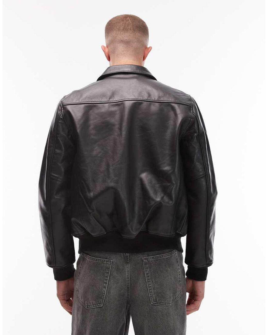 Schott Nyc Black Premium Real Leather Collar Detail Bomber Jacket for men