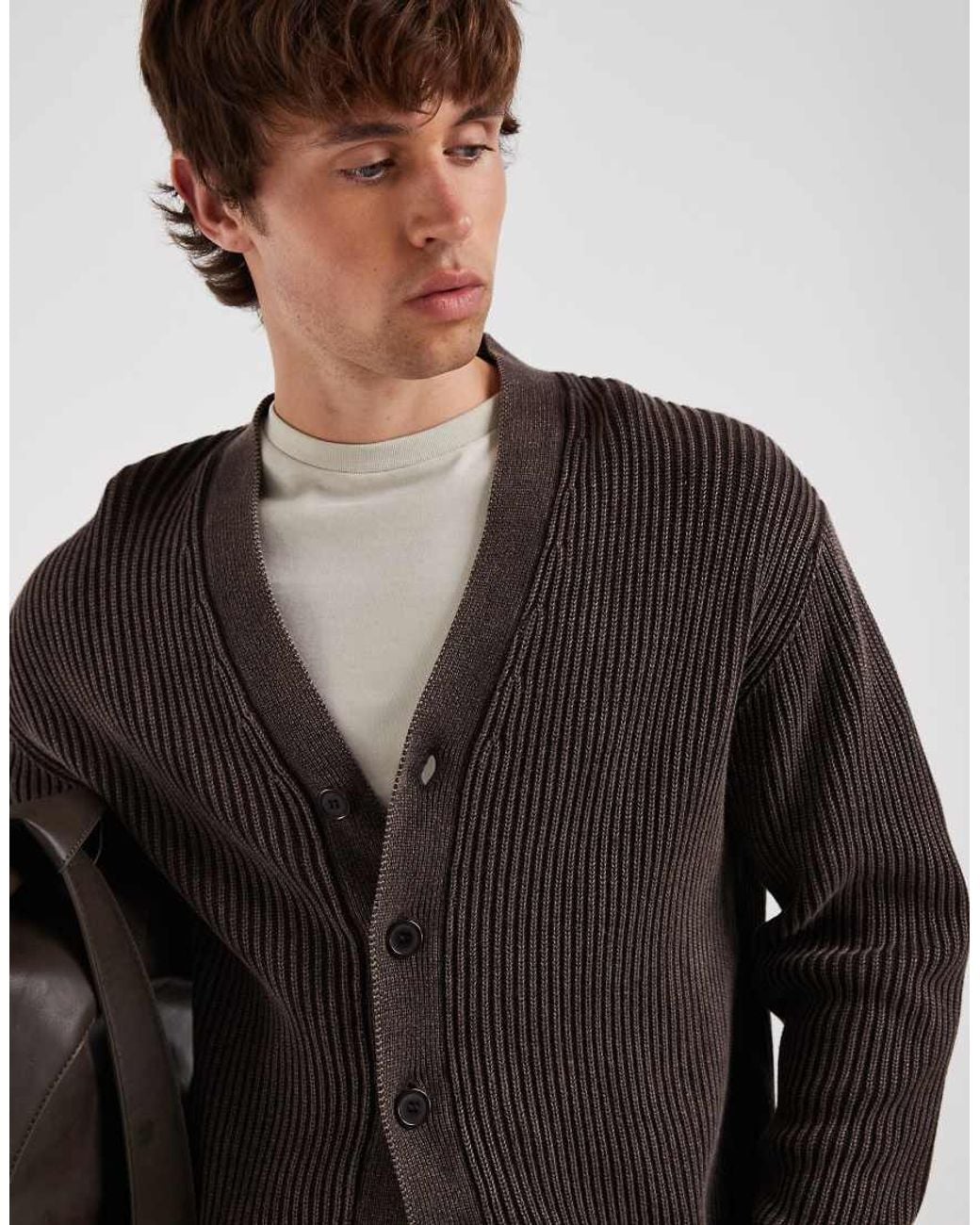 Redefined Rebel Black Boxy Oversized Washed Knitted Cardigan for men