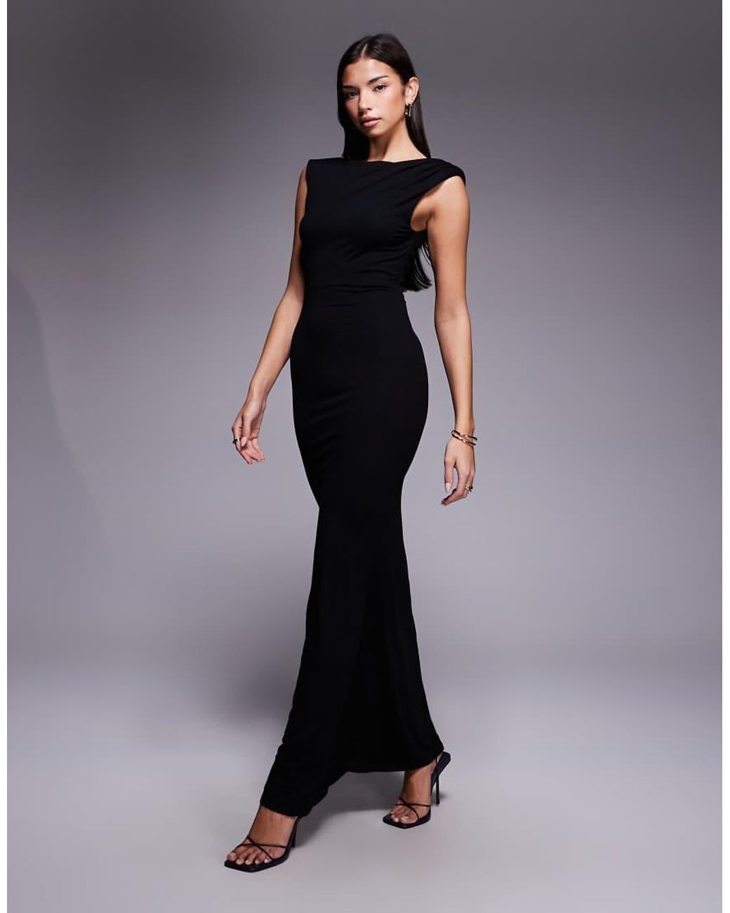 ASOS Blue Slash Neck Shoulder Pad Maxi Dress With Plunge Back