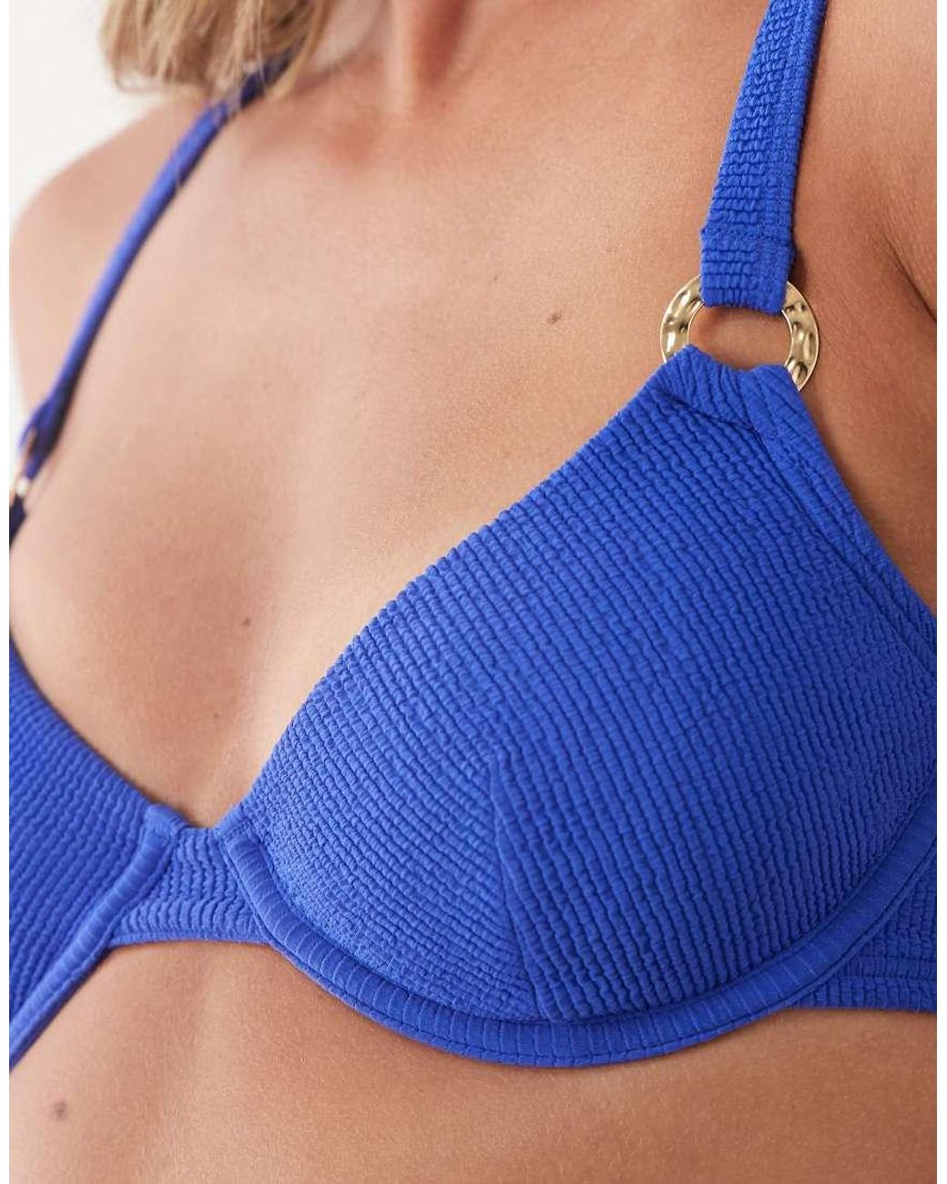 New Look Blue Crinkle Ring Detail Bikini Top