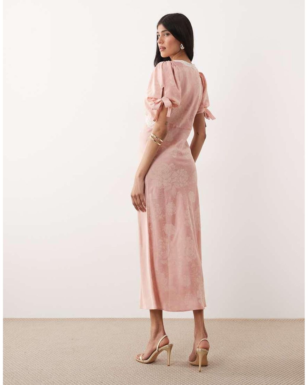Hope & Ivy Pink Satin Jacquard Lace Trim Tie Sleeve Midi Dress