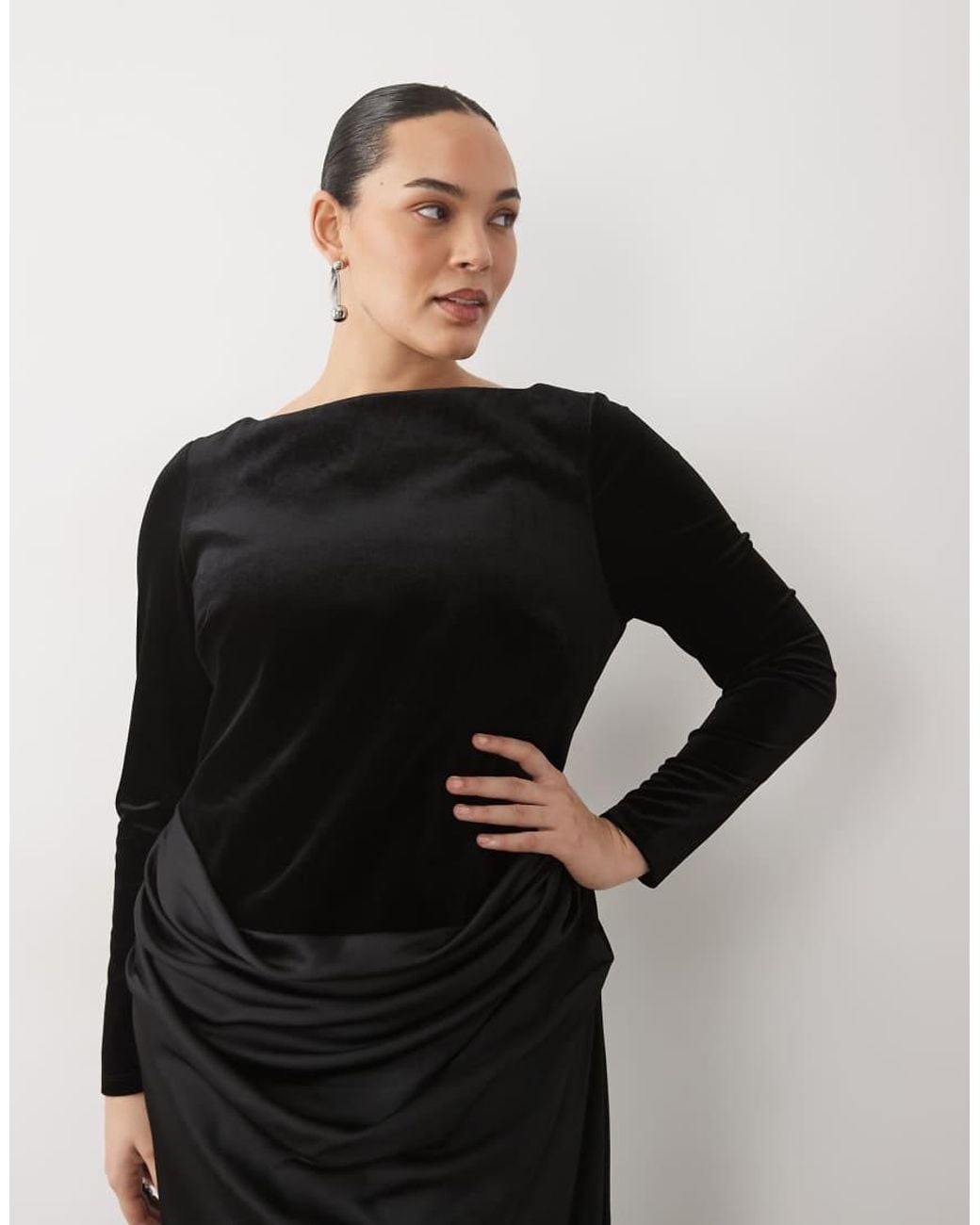 Forever New Black Velvet Slash Neck Draped Satin Waist Maxi Dress