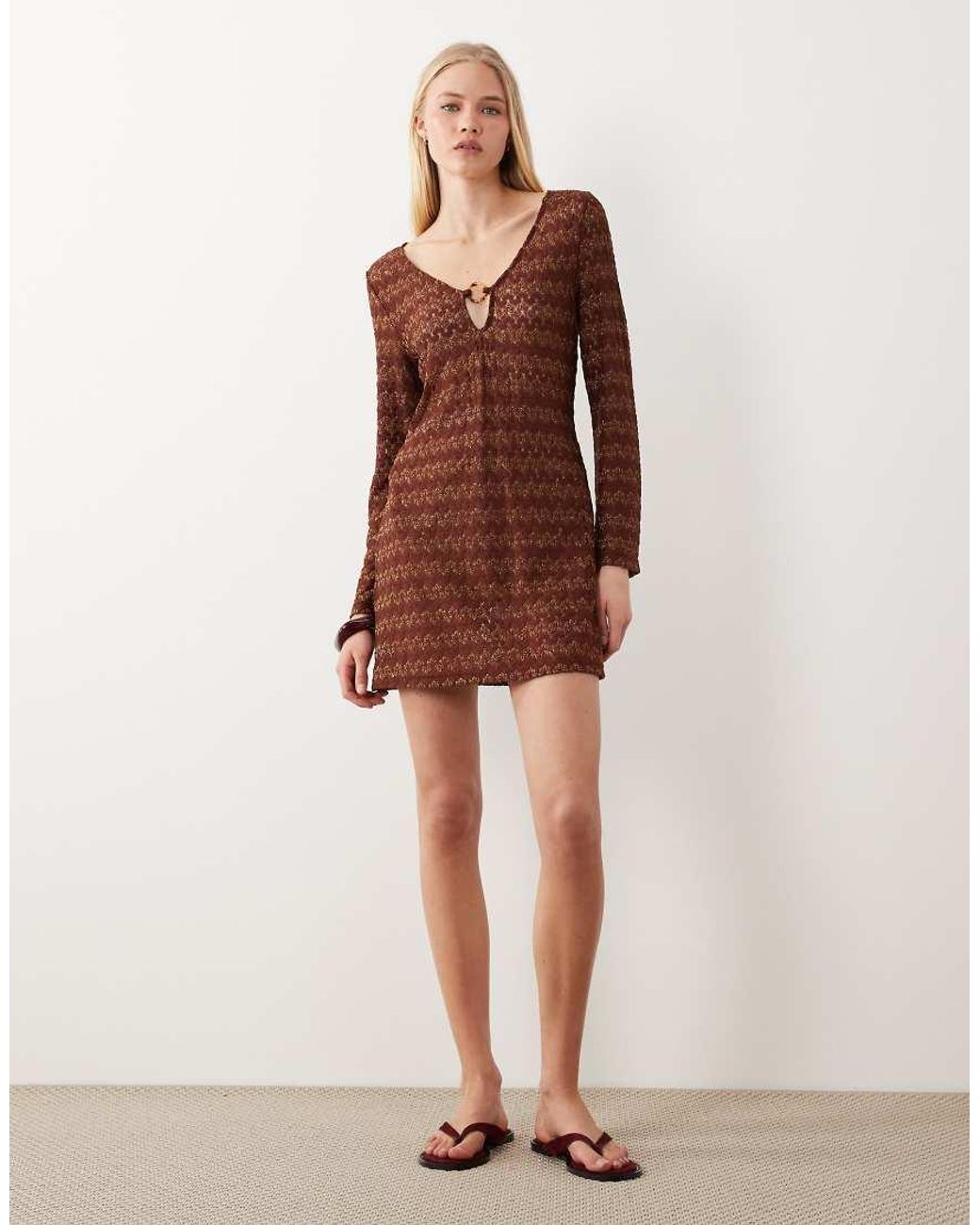 Accessorize Brown Crochet Long Sleeve Beach Cover Up