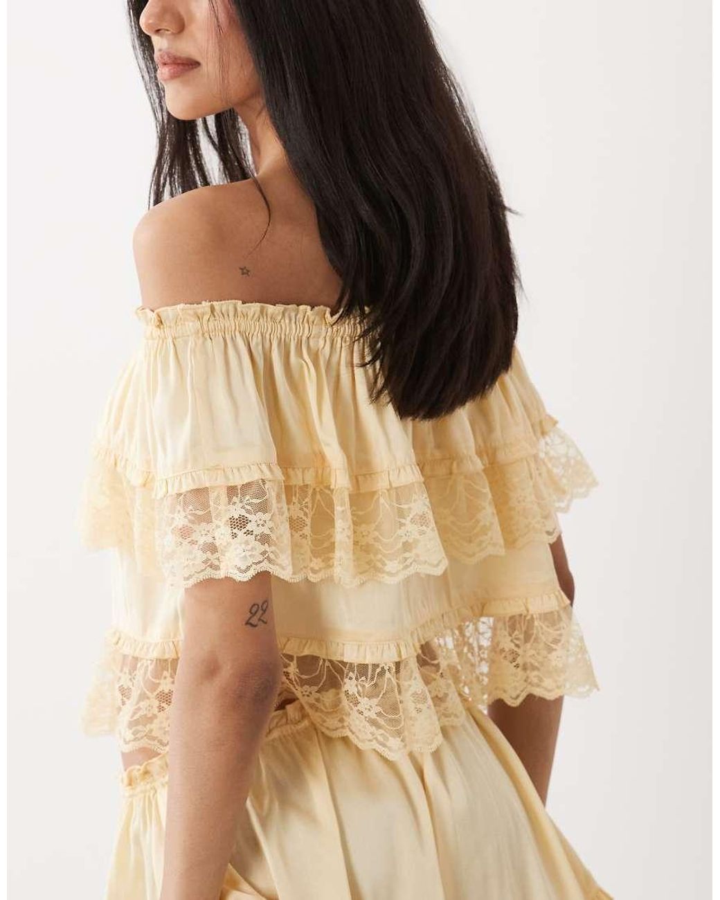 Miss Selfridge Natural Satin And Lace Bardot Top Co-ord