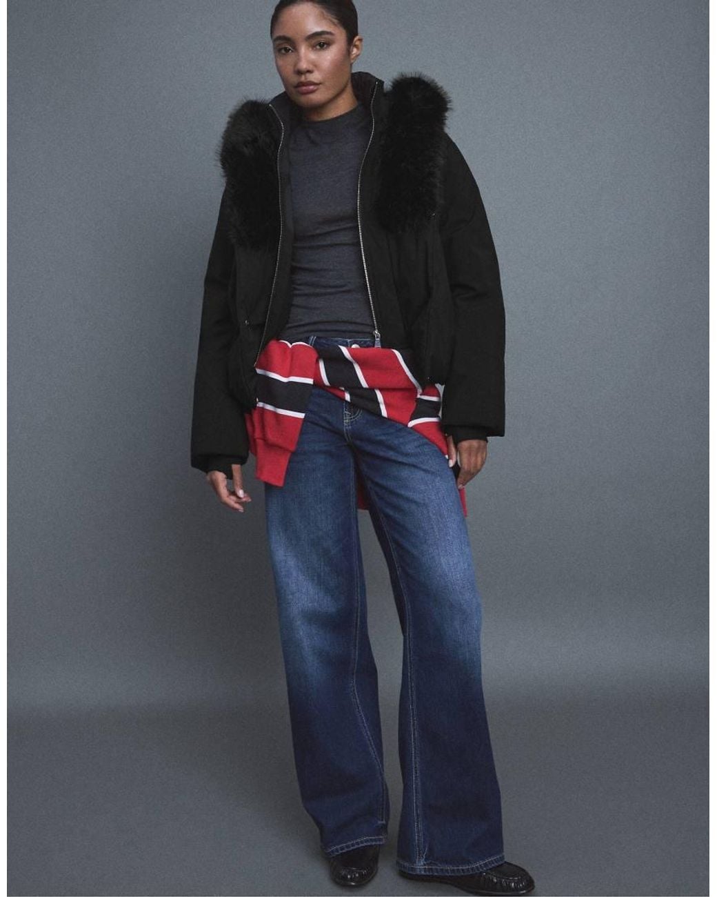 Stradivarius Blue Padded Jacket With Hood And Faux Fur