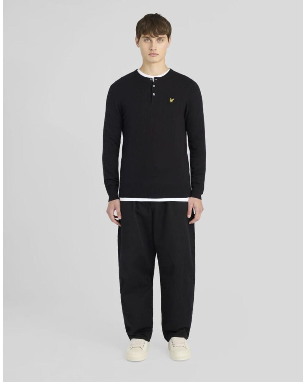 Lyle & Scott Black Mid Knits Cotton Merino Henley Jumper for men