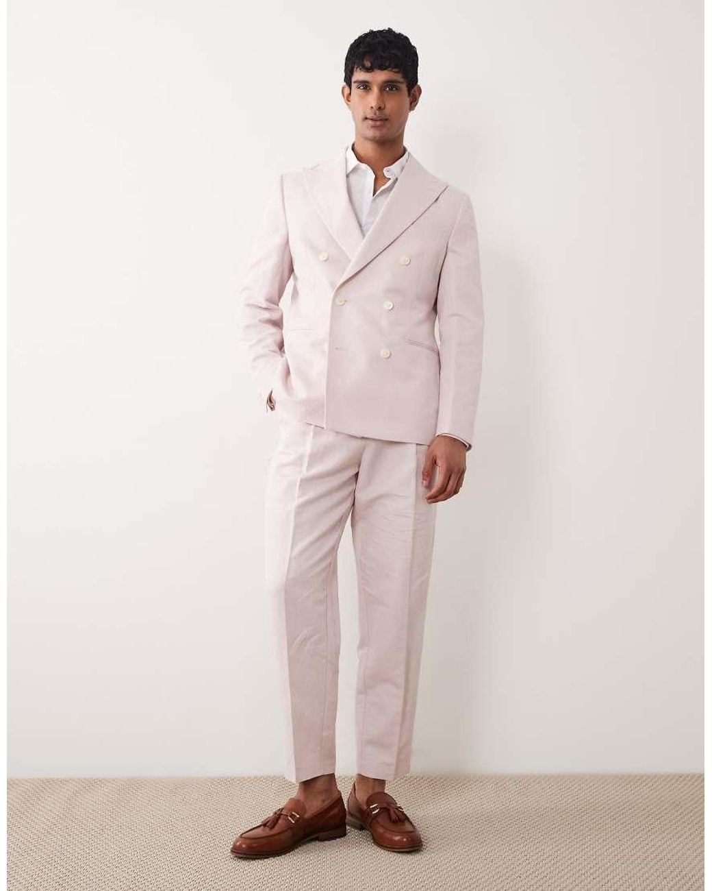 ASOS Pink Slim Linen Rich Double Breasted Suit Jacket for men