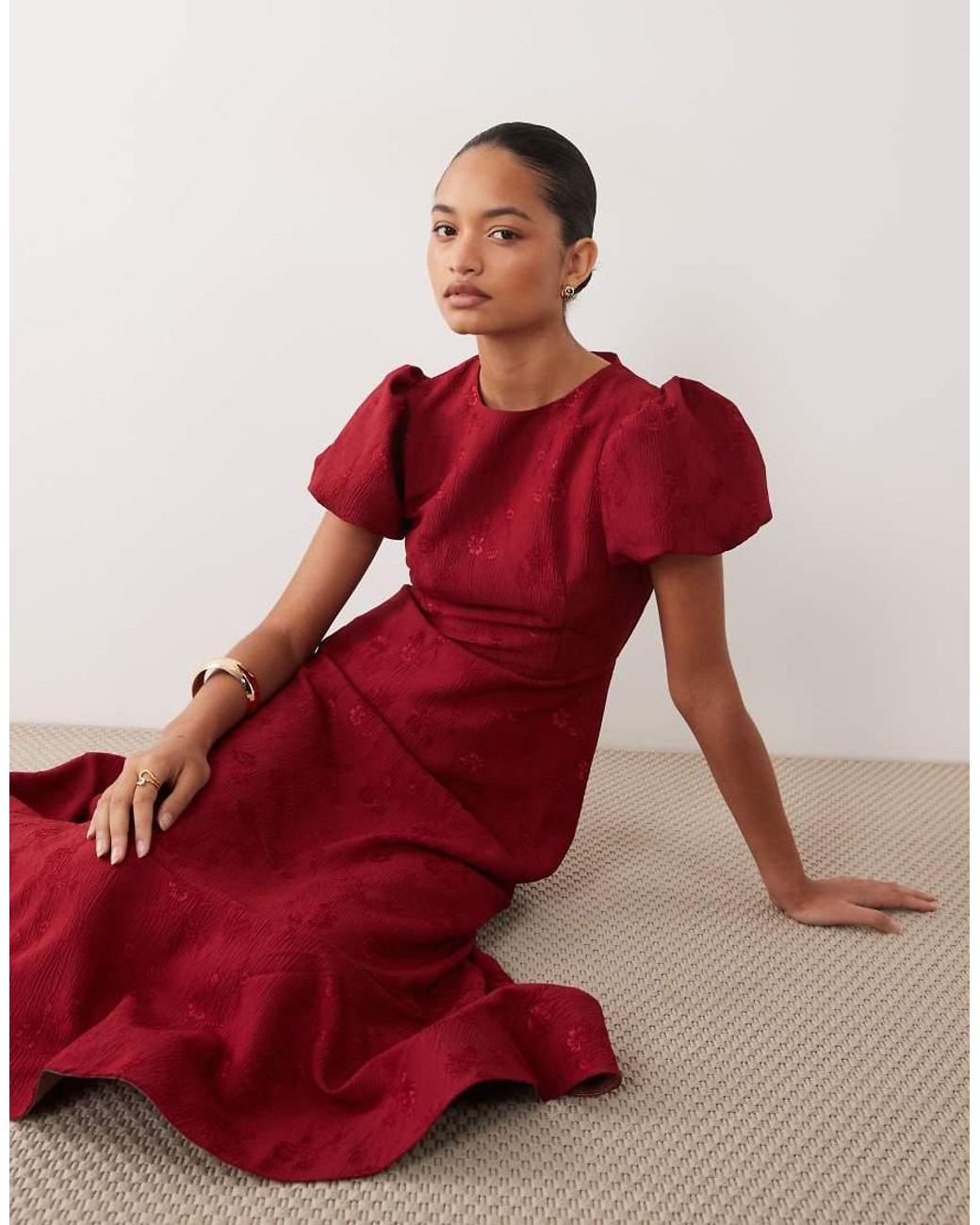 Sister Jane Exclusive Jacquard Puff Sleeve Structured Hem Midi Dress