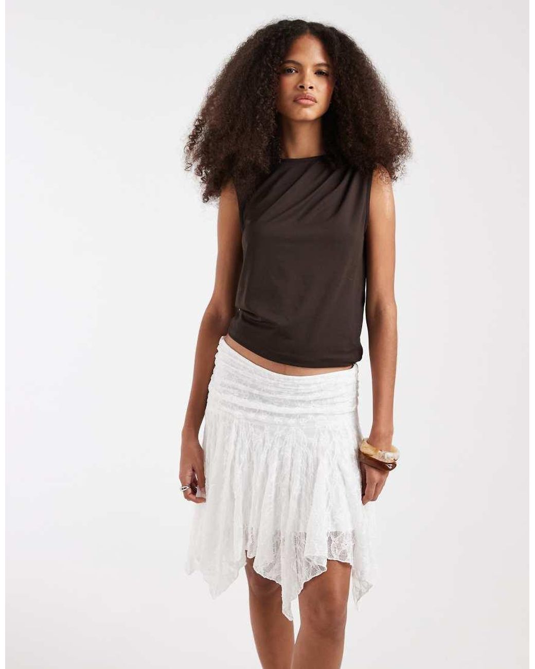 Pieces White Asymmetric Hem Flippy Lace Mini Skirt