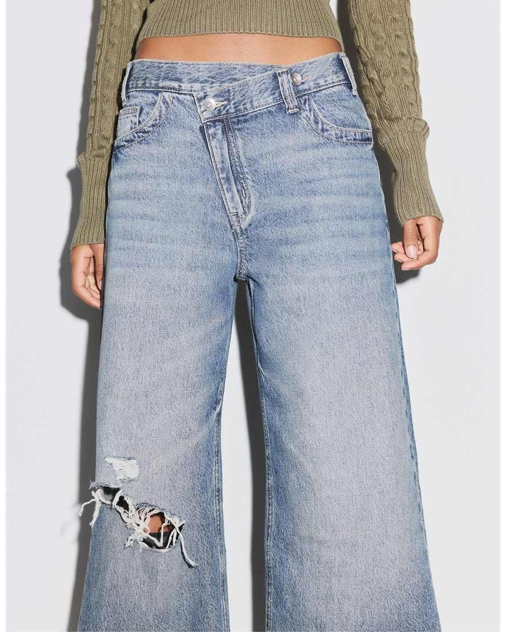 Stradivarius Blue Cross-Over Waist Wide-Leg Jeans