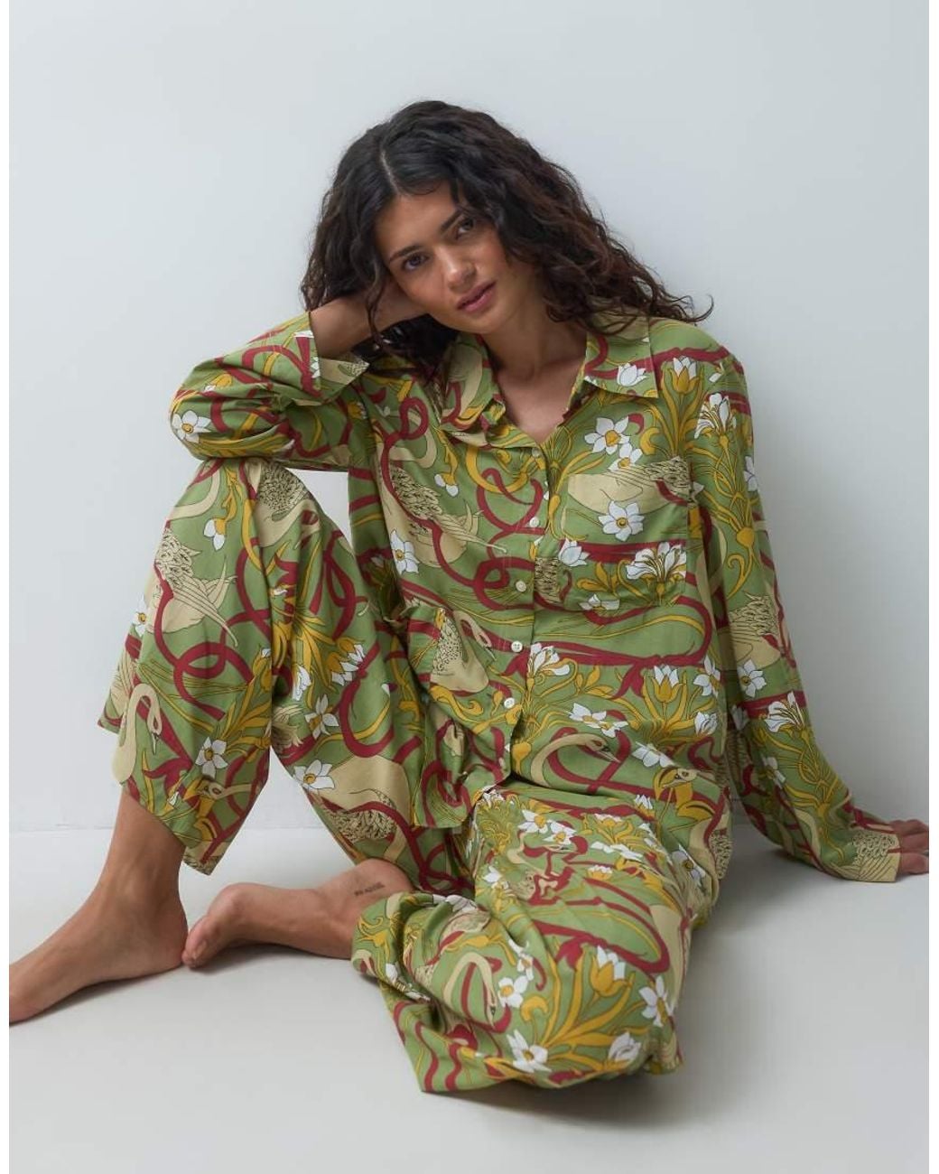ASOS Green Woven Modal Long Sleeve Pyjama Set