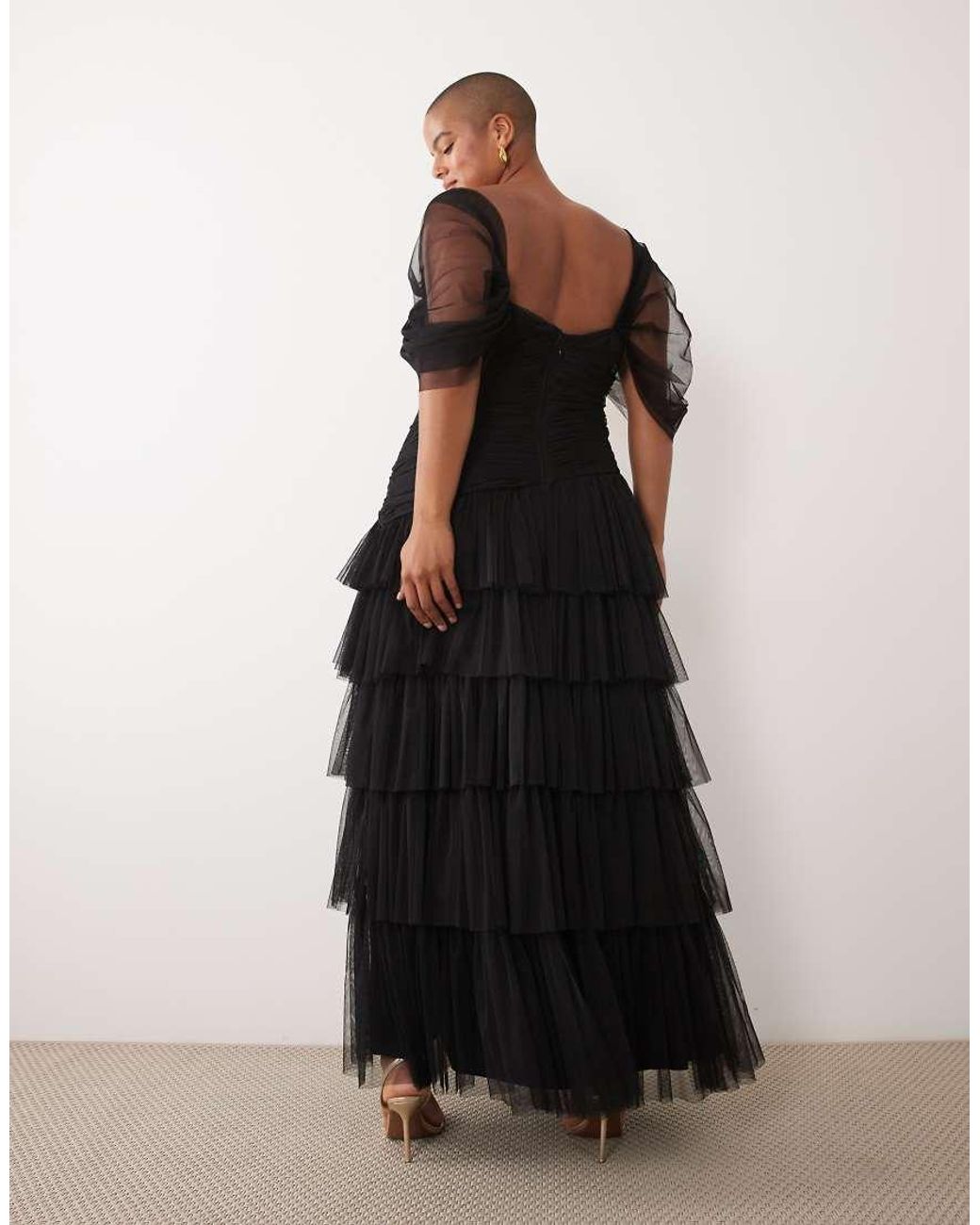 Lace & Beads Plus Black Tulle Fallen Shoulder Asymmetric Ruffle Detail Maxi Dress