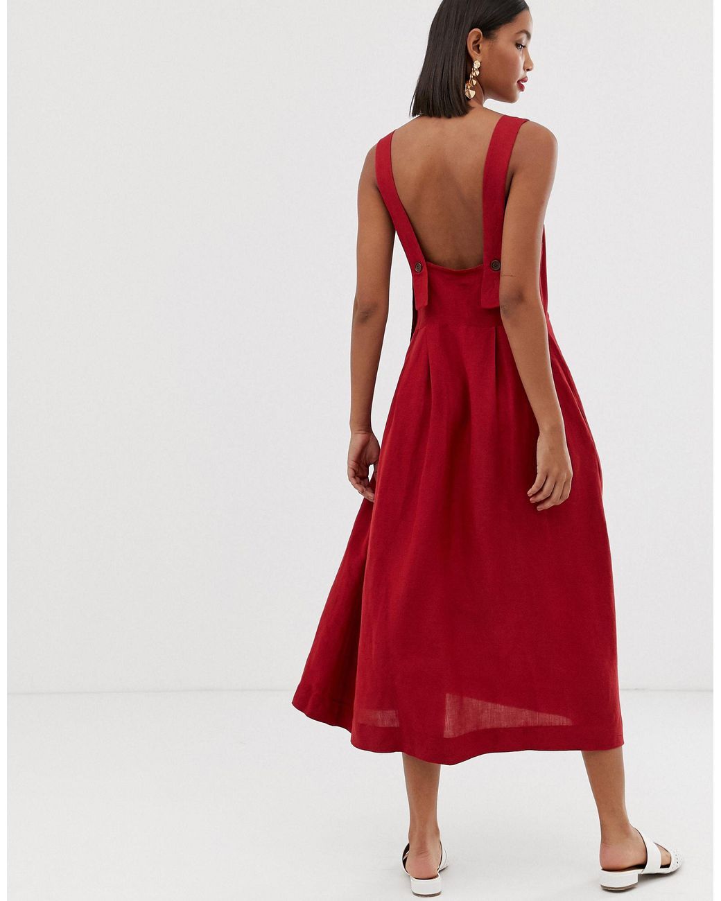 Mango Linen Midi Dress in Red | Lyst