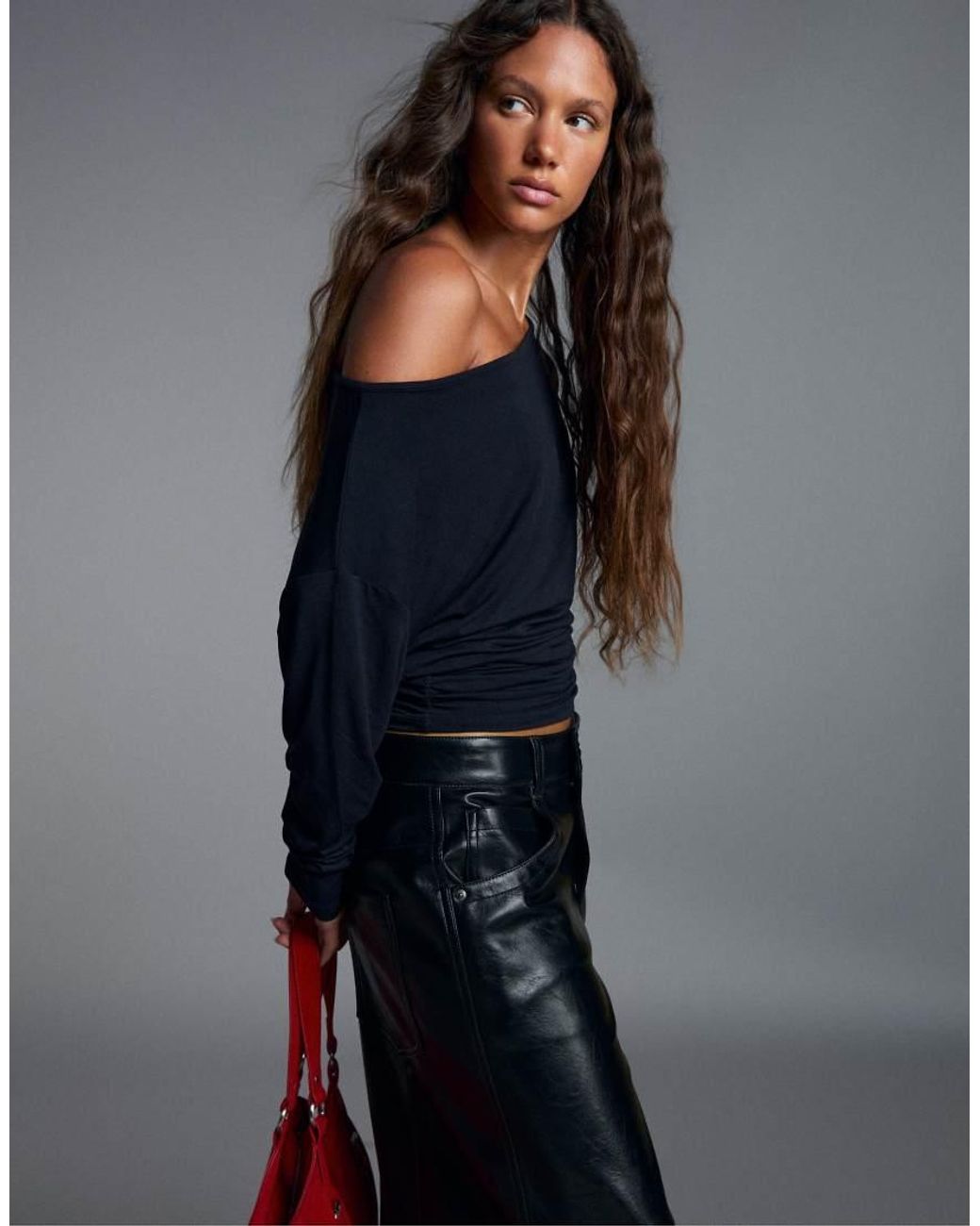 Bershka Blue Asymmetric Neck Long-Sleeved T-Shirt