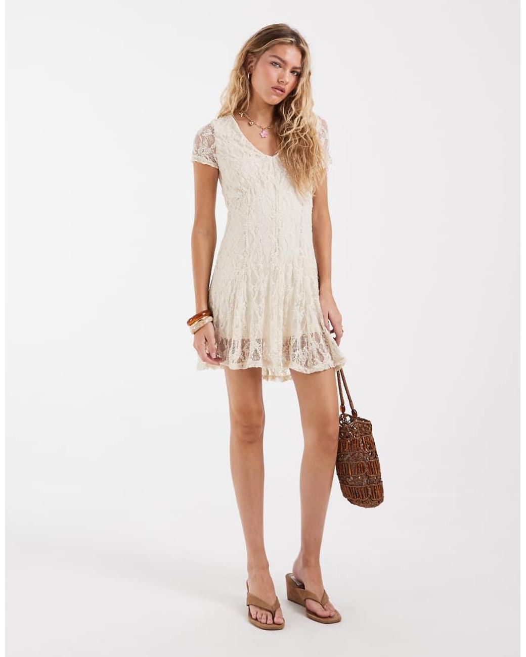 ONLY White V-Neck Lace Mini Dress