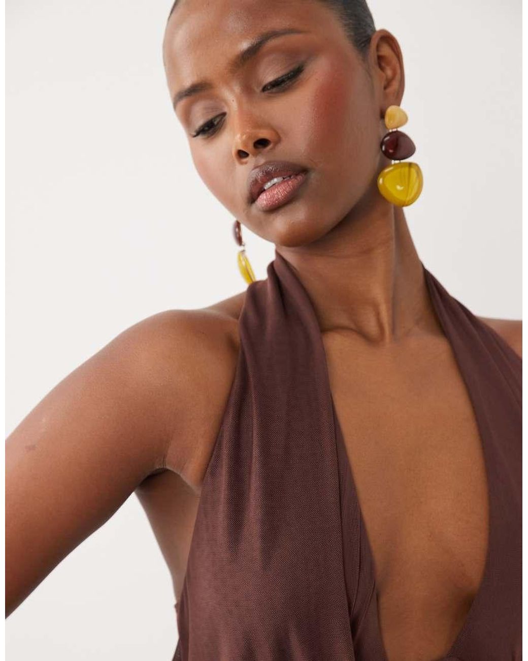 ASOS Brown Mesh Halter Maxi Dress With Draped Sash Detail