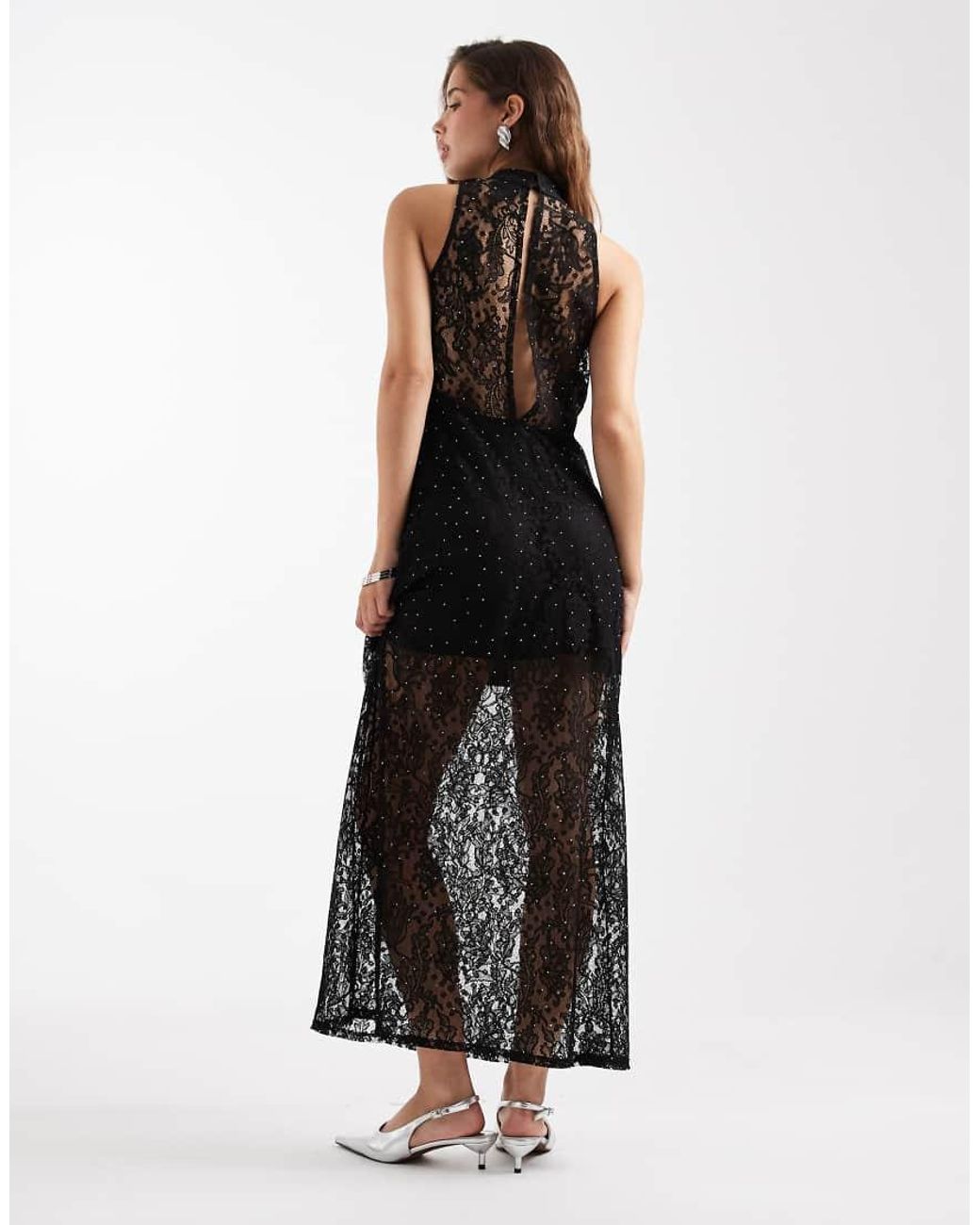 Vero Moda Black Sheer Lace Sleeveless Maxi Dress With All Over Stud Detail