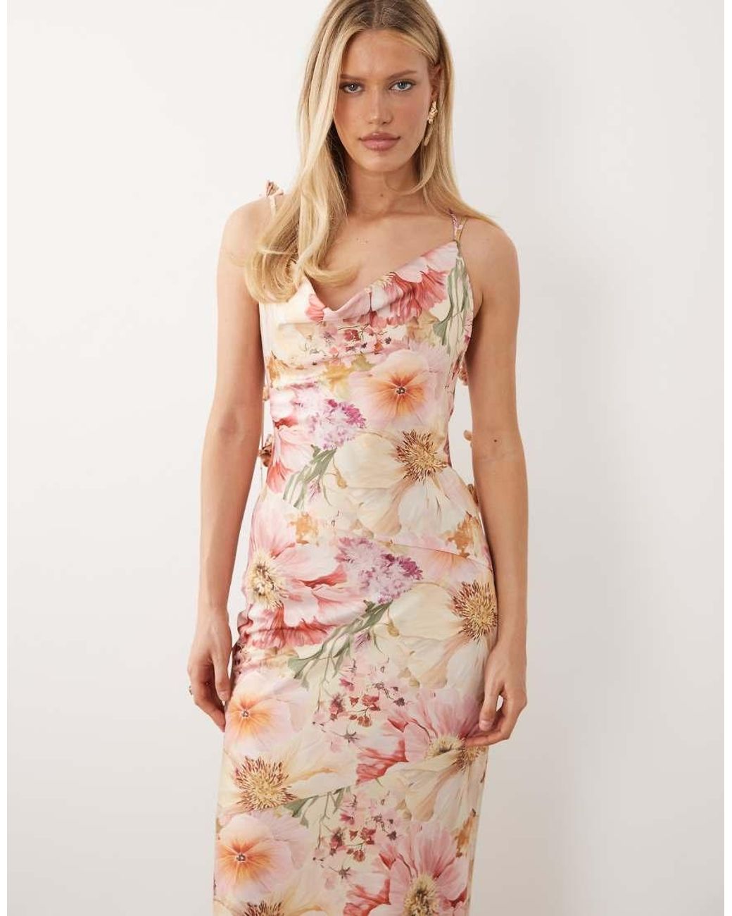 Wanderdoll Pink Aria Draped Cowl Neck Flower Detail Cross Back Satin Maxi Dress