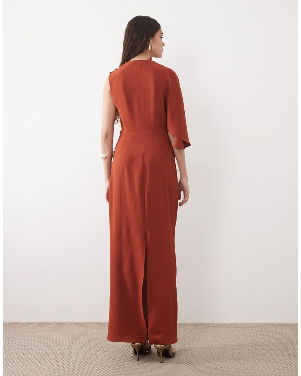 ASOS Brown One Sleeve Maxi Dress With Pleat Waist Detail