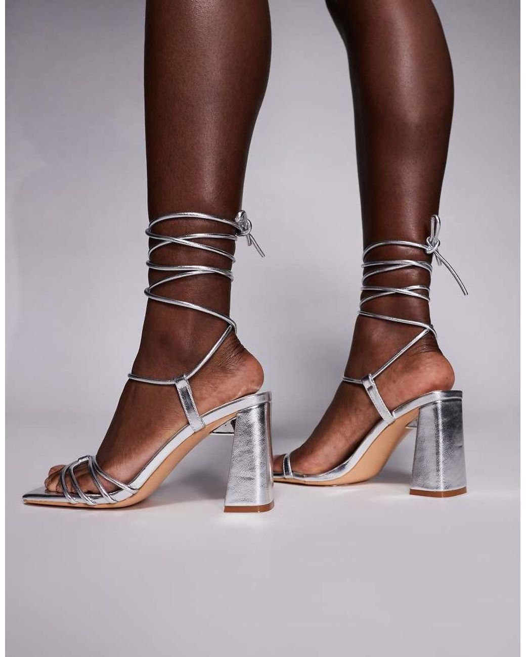 Public Desire Brown Bergamot Tie Leg Block Heeled Sandals