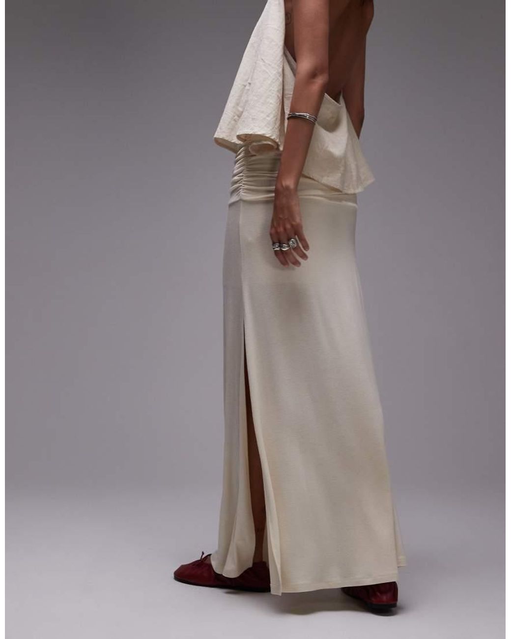 TOPSHOP Gray Ruched Waist Maxi Skirt