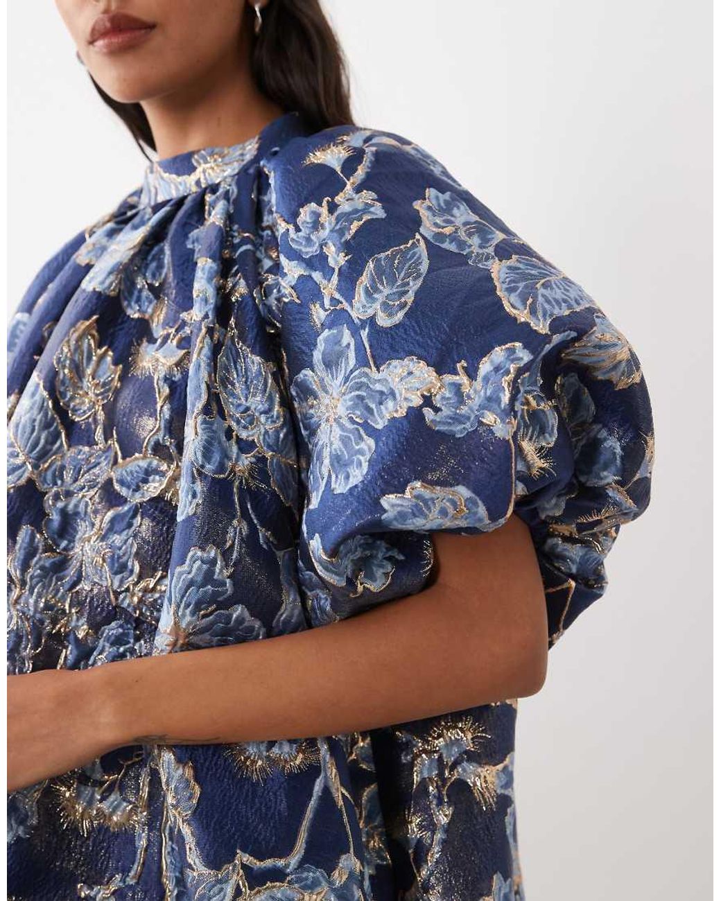 Sister Jane Blue Aquilla Jacquard High Neck Puff Sleeve Bubble Hem Mini Dress
