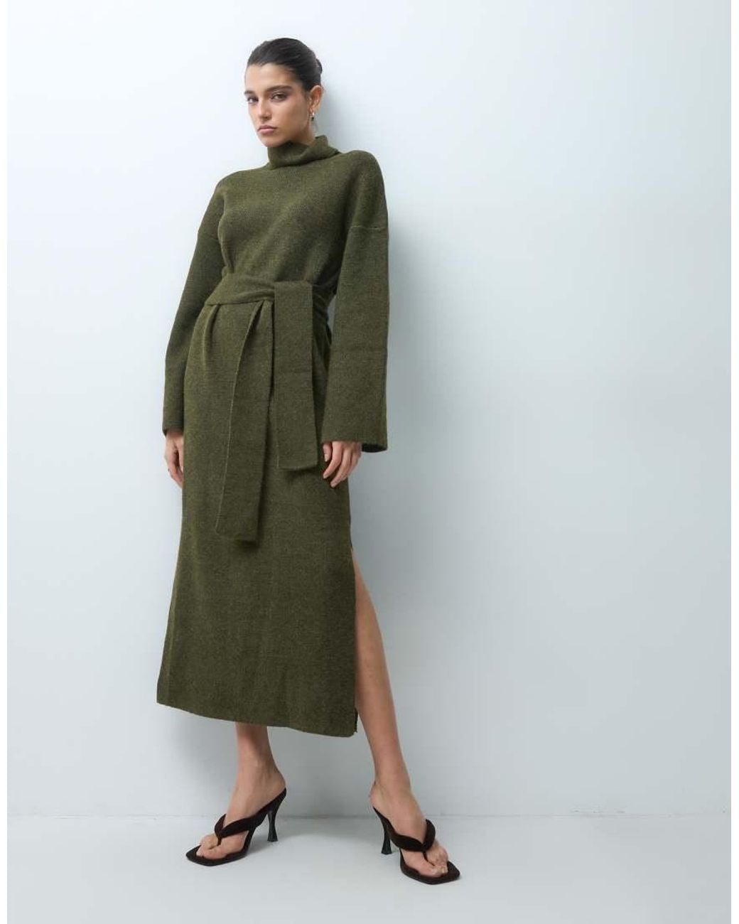 Pretty Lavish Green Knitted High Neck Belted Midi Dress