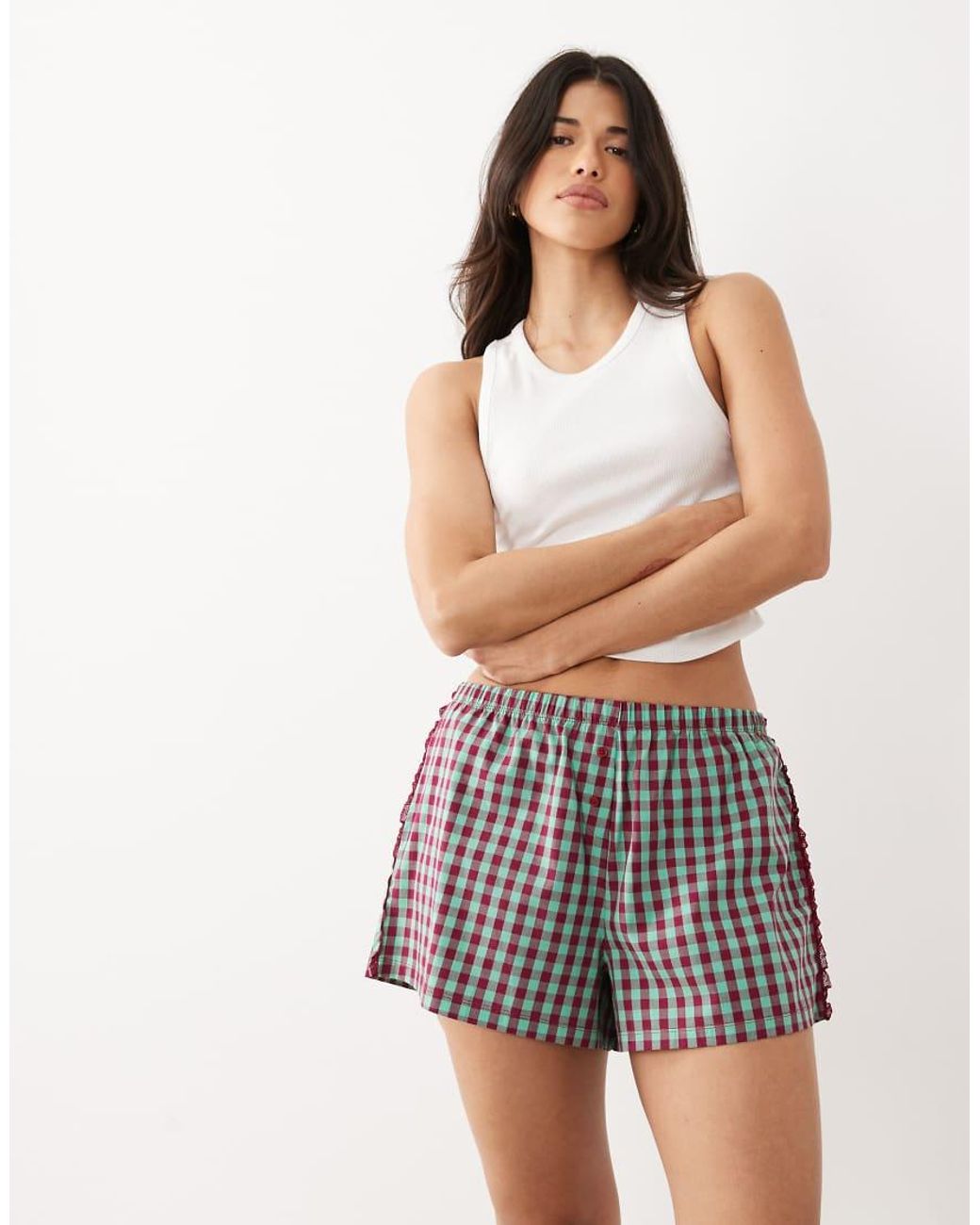 ASOS Multicolor Textured Gingham Pajama Boxer Shorts With Lace Trim