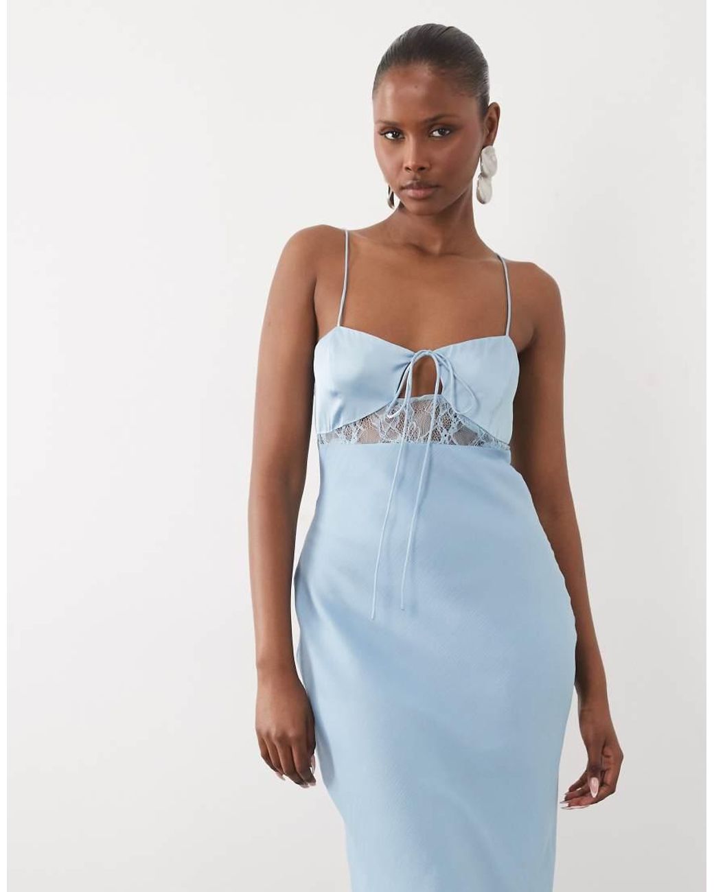 ASOS Blue Bias Cut Sheer Chiffon Cami Maxi Dress With Satin Bust And Lace Panel