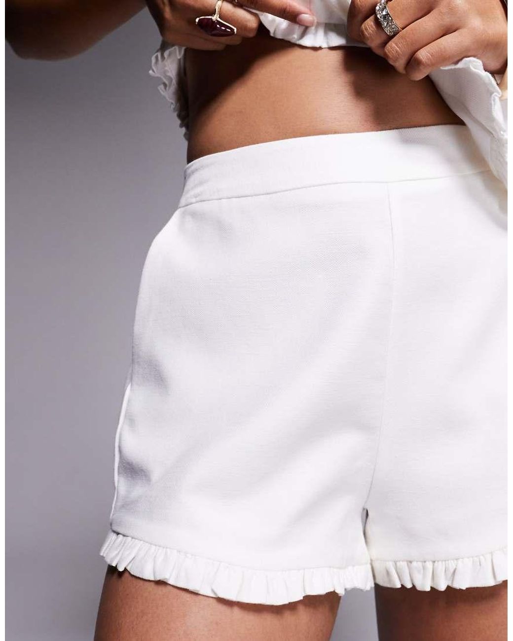 River Island White Frill Detail Linen Shorts Co-ord