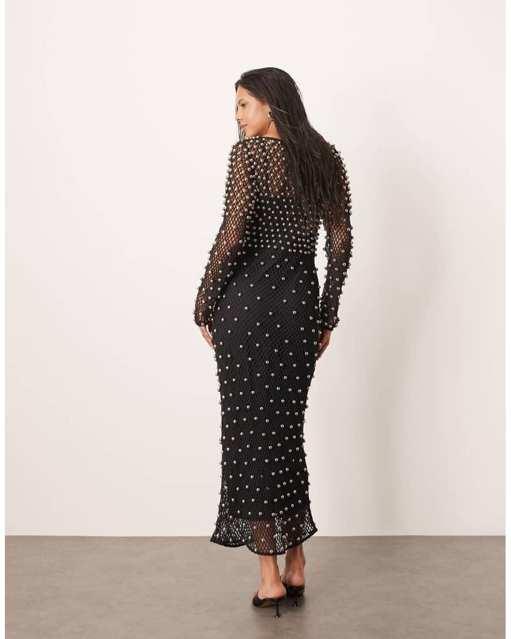 ARRANGE Natural Embellished Mesh Long Sleeve Maxi Dress