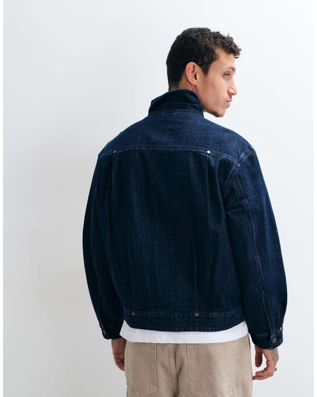 Dime Blue Boxy Fit Pleated Logo Patch Denim Jacket