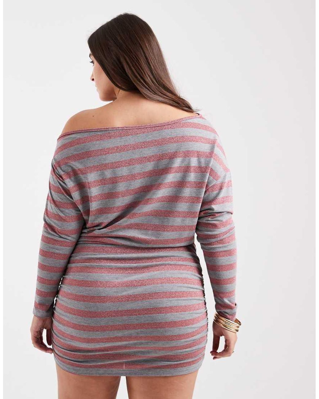 Collusion Purple Plus Stripe Off-shoulder Dress