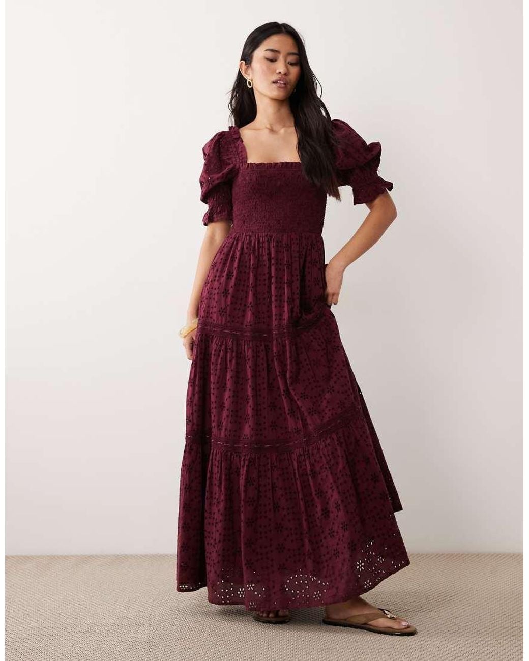 Miss Selfridge Puff Sleeve Broderie Maxi Dress in Red