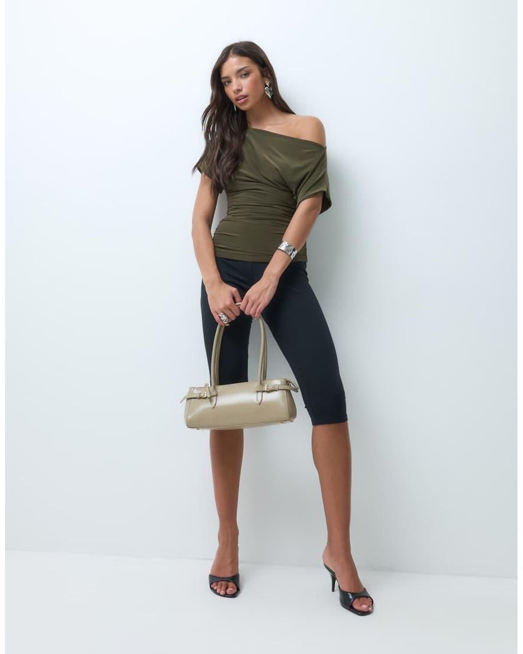 Kaiia Green Exclusive Double Sculpted Slinky Asymmetric Shoulder Ruched Side Detail Top Co-Ord