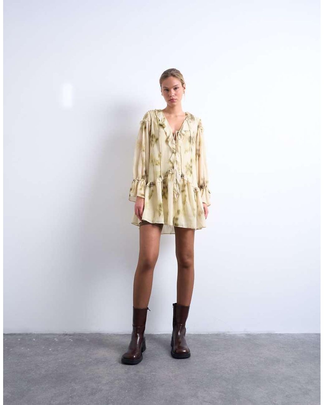 TOPSHOP Natural Poet Sleeve Frill Mini Dress