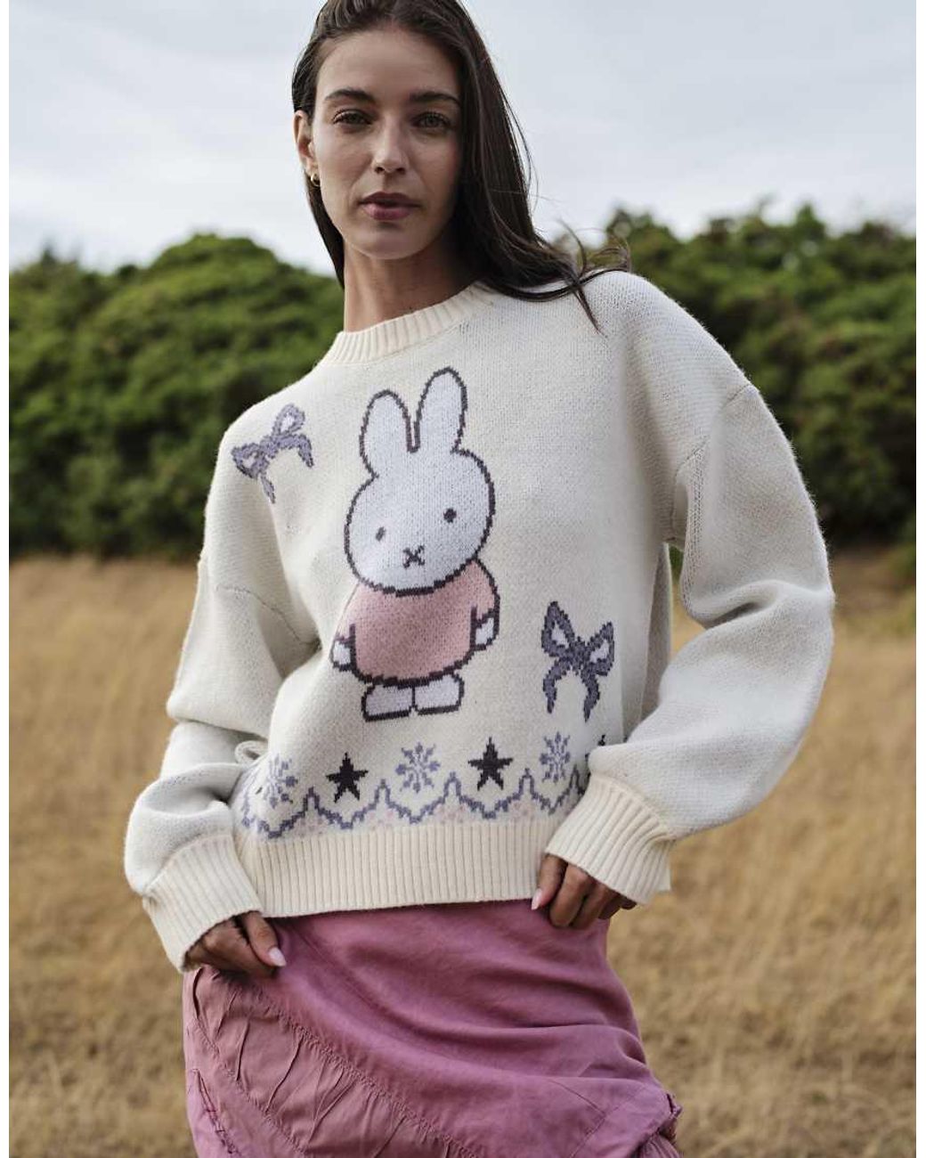 Daisy Street White X Miffy Oversized Knit Jumper With Fairisle Graphic