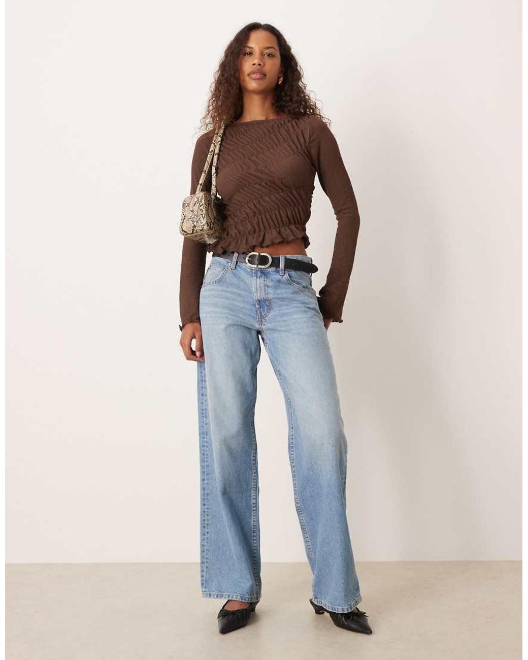 ASOS Brown Shirred Flare Long Sleeve Top